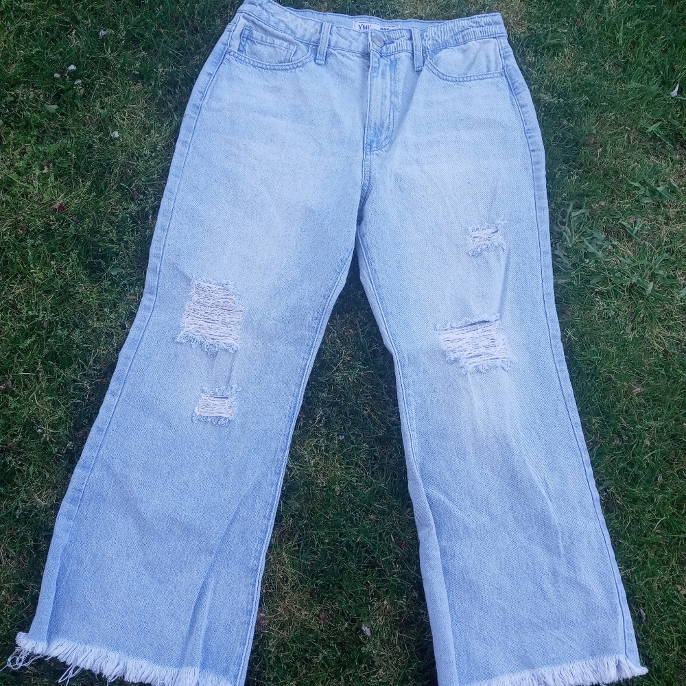 YMI Dream Light Wash Distressed Denim Jeans 11/30 Zip Button Raw Frayed Hems